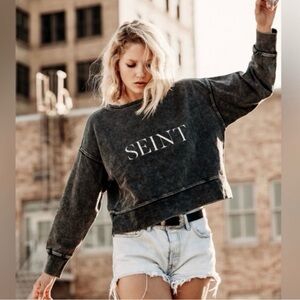 Seint Cropped Distressed Crewneck Sweatshirt Dark Gray Size Small #208